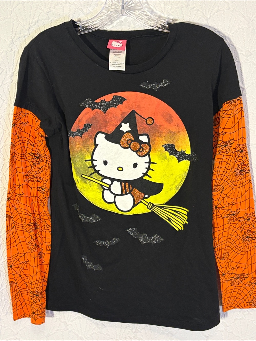 Vintage Hello Kitty Black Top with Orange Spiderweb Sleeves Yellow Moon Graphic